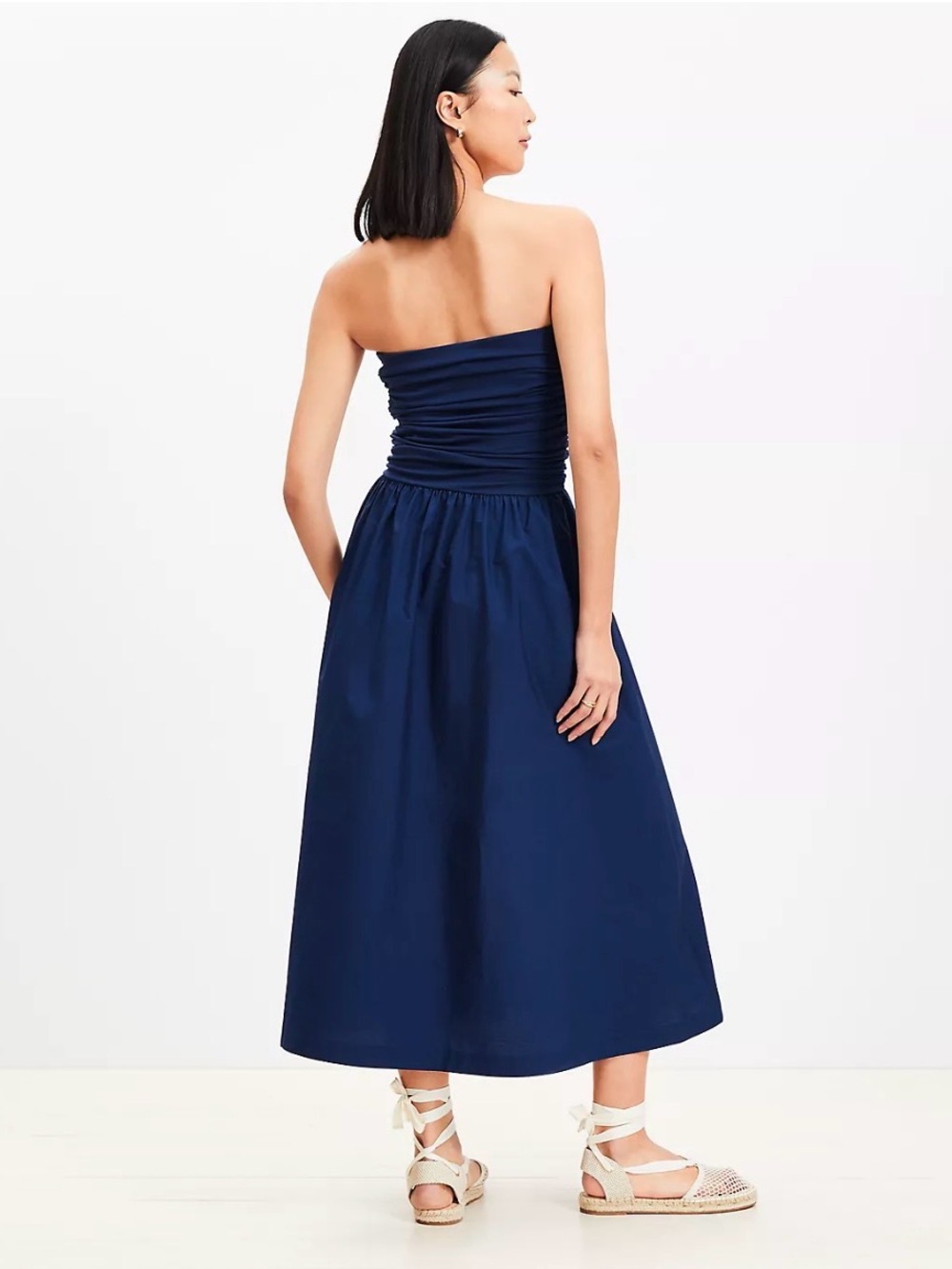 LOFT Navy Strapless Poplin Mixed Media Pocket Dress - Midi Length, Size Medium - Picture 2 of 6